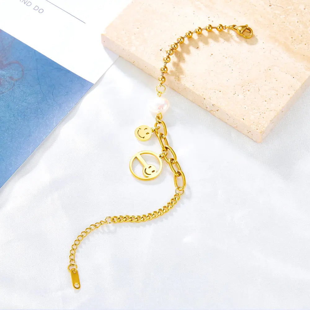 Smiley + Circle Hollow With Smiley Accessories With Special-shaped White Pearl Bracelet asonjewelry