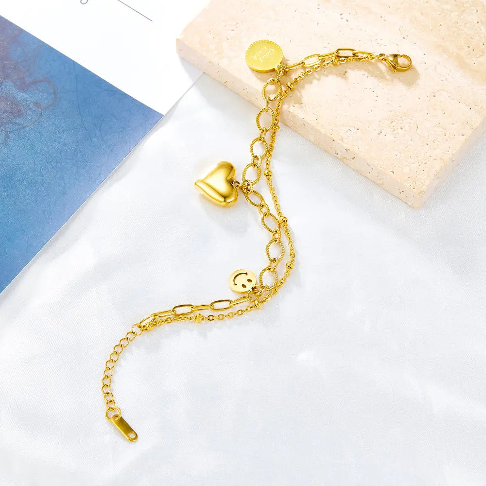 Heart-shaped+Round+Smiley Accessories Double Bracelet asonjewelry