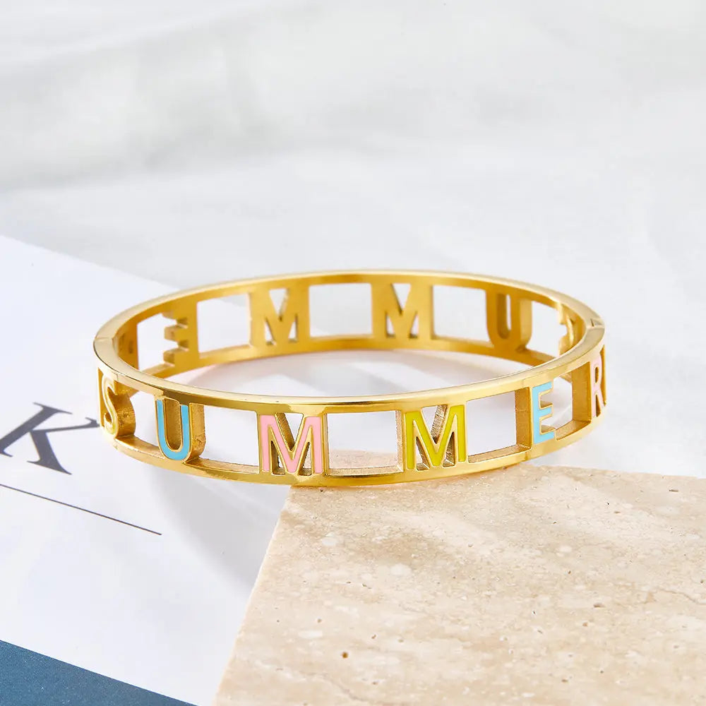 Stainless Steel Mixed Color Letter SUMMER Hollow Hard Bracelet asonjewelry