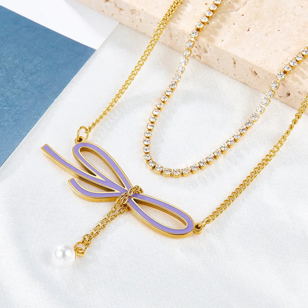 Odd-shaped Bow Purple With White Pearl + White Diamond With Chain Double Chain Necklace asonjewelry