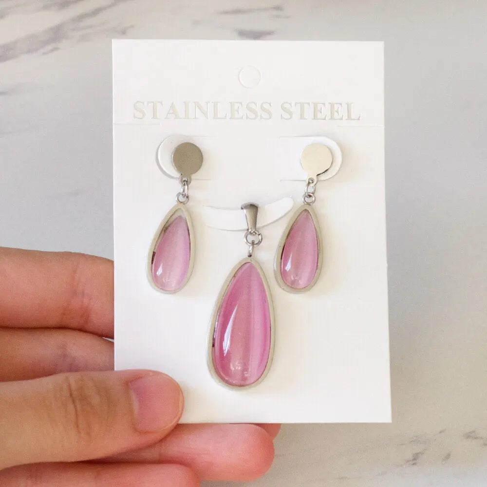 Luxury Weding Dubai Bridal Jewelry Sets Of Necklace And Earing Water Drop Stone Trendy Stainlee Steel Set For Women asonjewelry