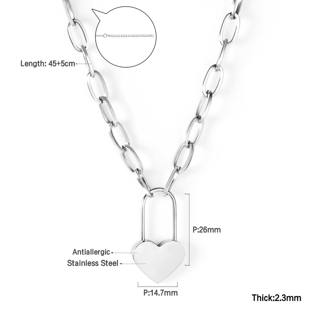 ASON Lock of Heart Pendant Necklace Stainless Steel Big Chain Necklace for Women Men Lover's Fashion Jewelry Accessories