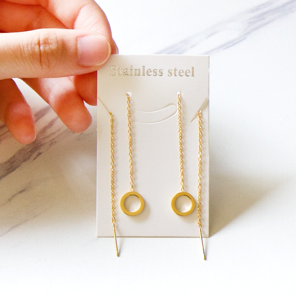 Brincos-pendientes colgantes de acero inoxidable con borlas de concha negra, joyería de hada coreana, cadena larga