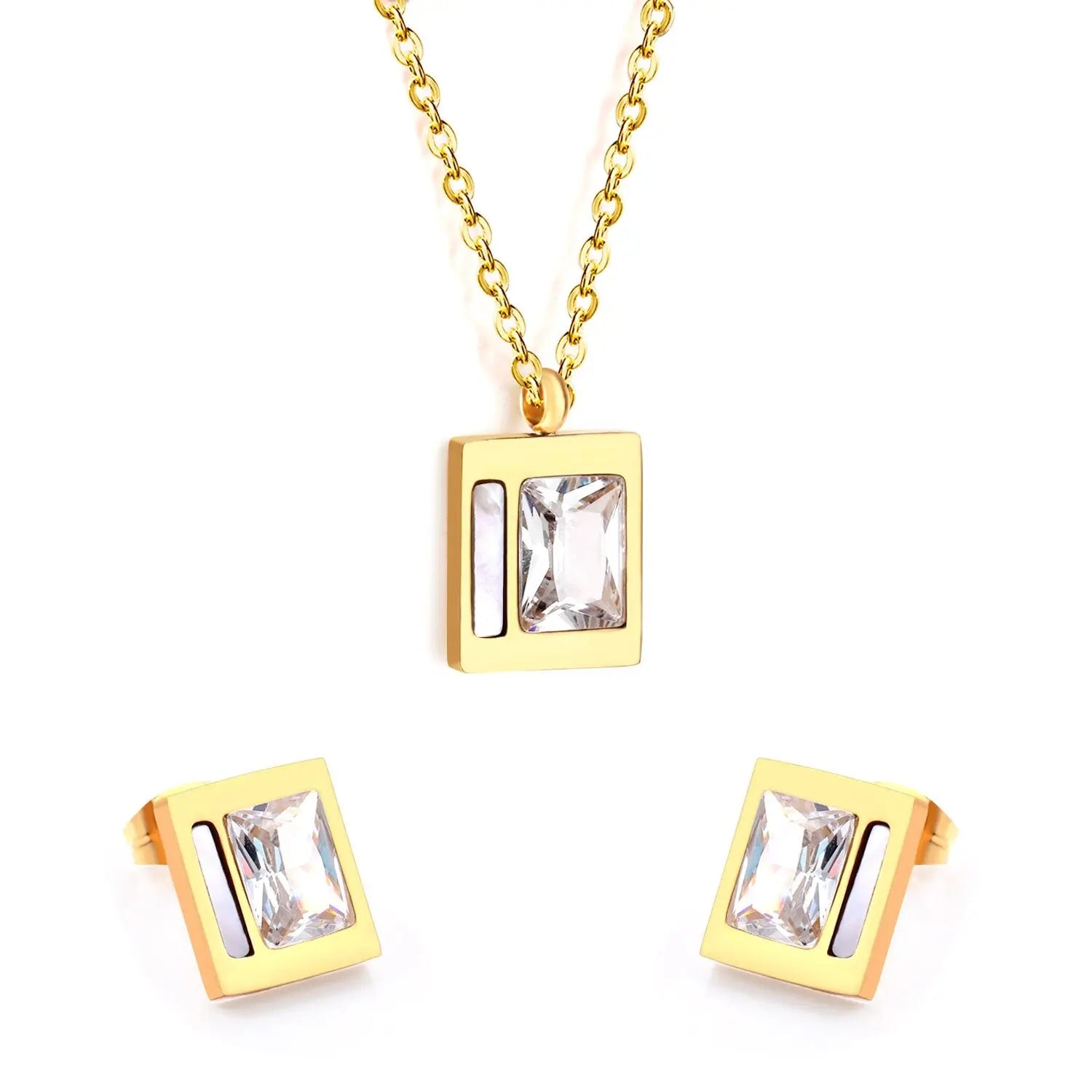 Stainless Steel Wedding Square Shell Chain Necklace Stud Earrings Bridal Jewelry Set Gold Jewellery Sets For Women asonjewelry