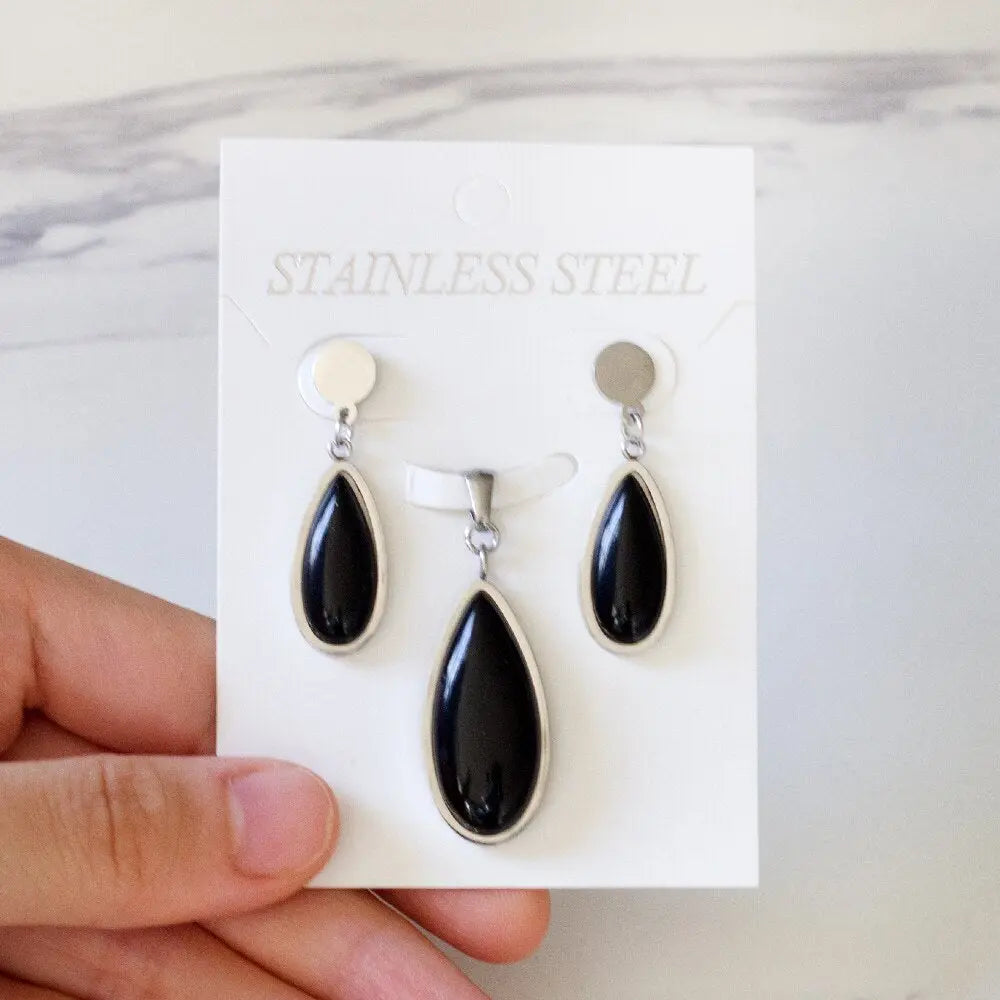 Luxury Weding Dubai Bridal Jewelry Sets Of Necklace And Earing Water Drop Stone Trendy Stainlee Steel Set For Women asonjewelry