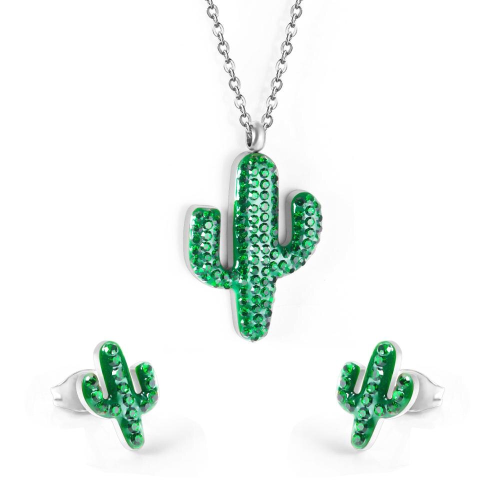 ASON Gold Color Stainless Steel Cactus Necklace and Earrings Jewelry Set with Green Rhinestone for Women Accessory Jewelry asonjewelry