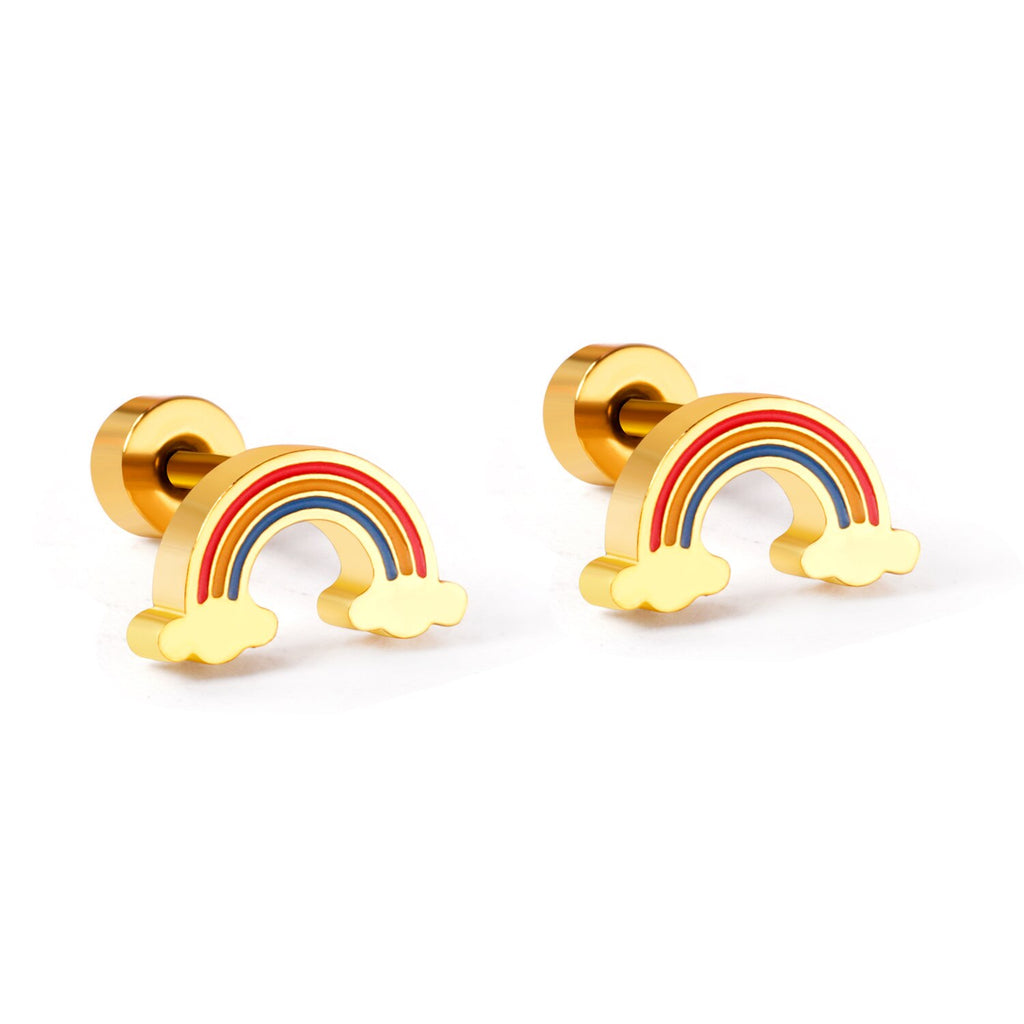 ASON Cute Children's Rainbow Small Piercing Stud Earrings Stainless Steel Gold Color for Girl Women Fashion Jewelry Gift