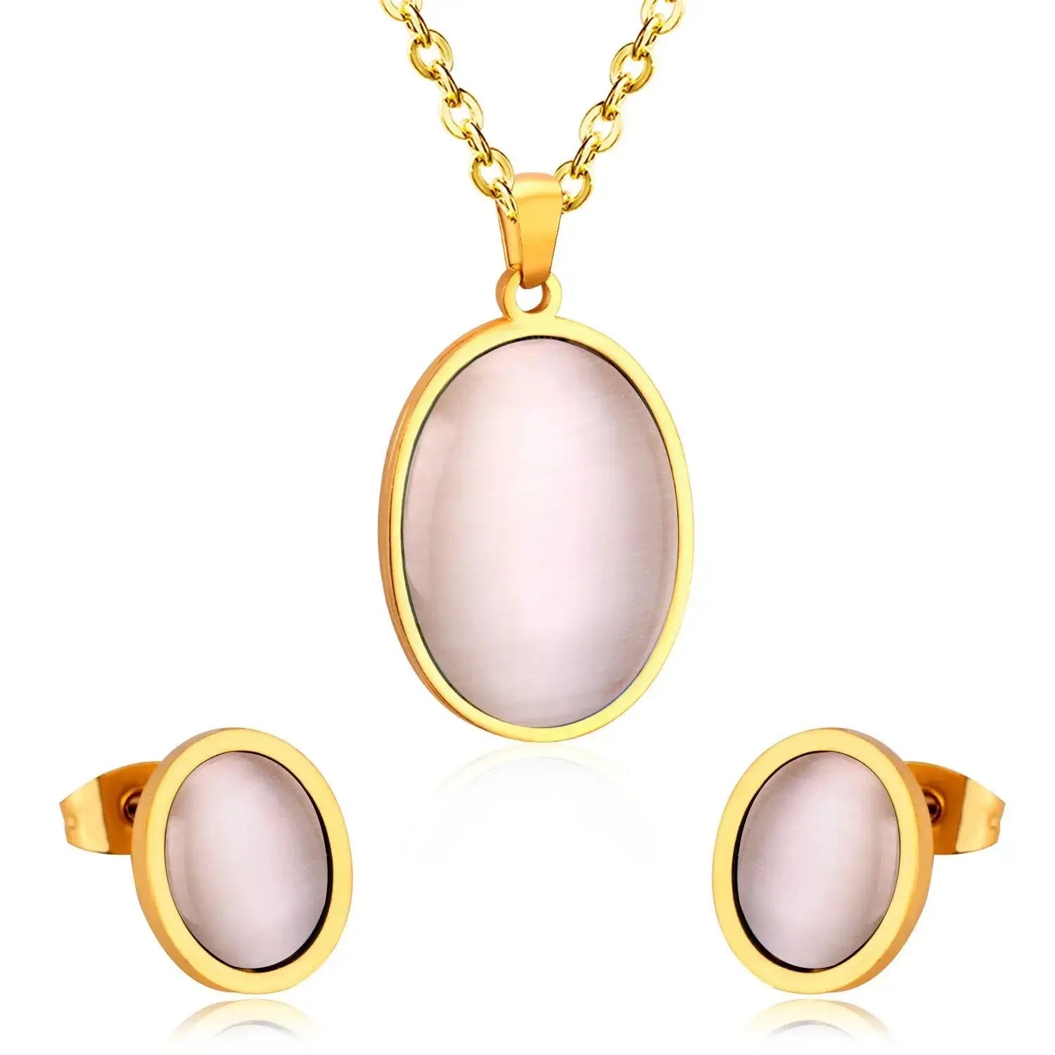 Oval Shape Opal Stainless Steel Luxury Necklaces Earrings Sets For Ladies Trendy Jewellry Sets parures bijoux asonjewelry