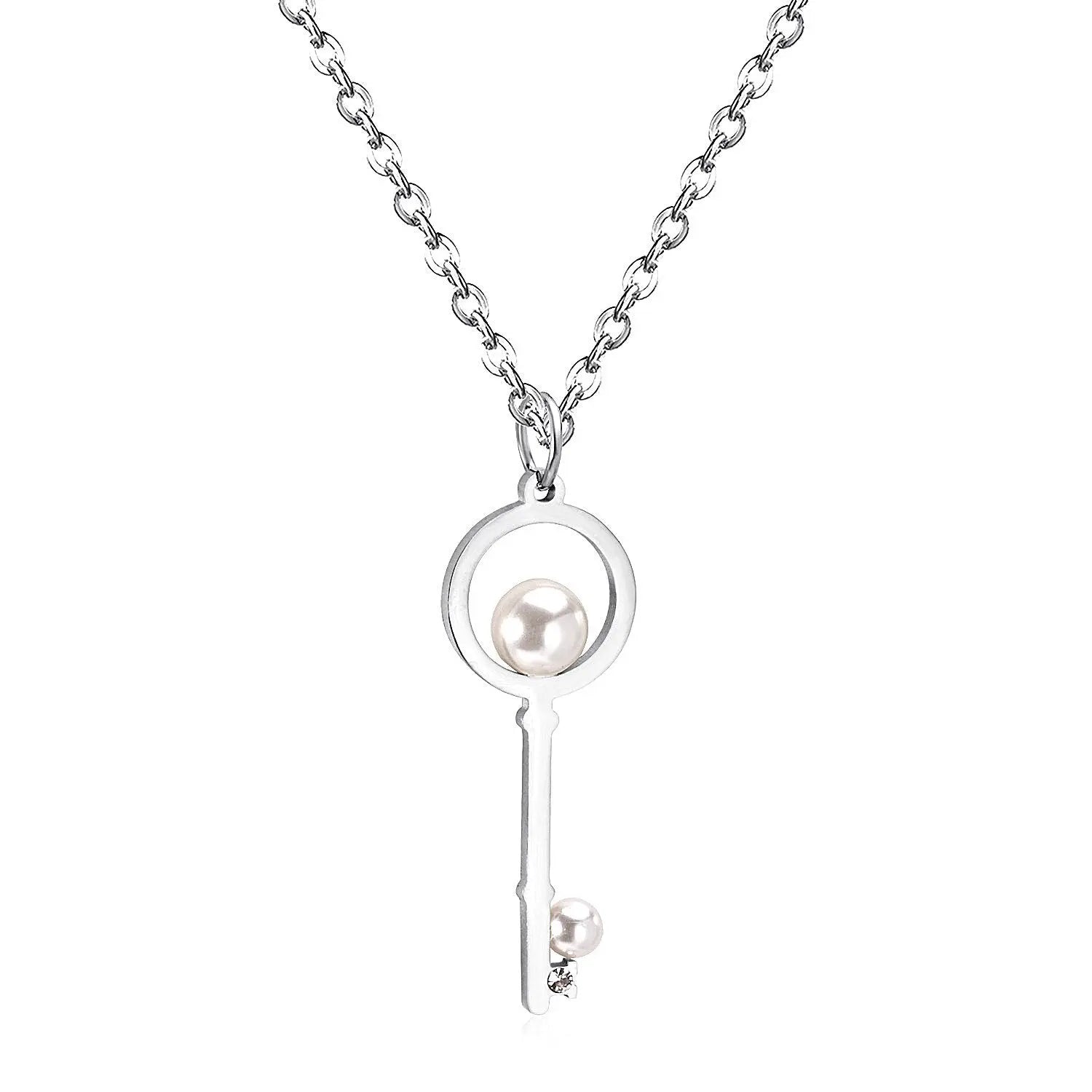Fake Pearl Key Pendant Necklace For Men Women Jewelry Stainless Steel Necklaces Collars Collier Accoessries mujer asonjewelry