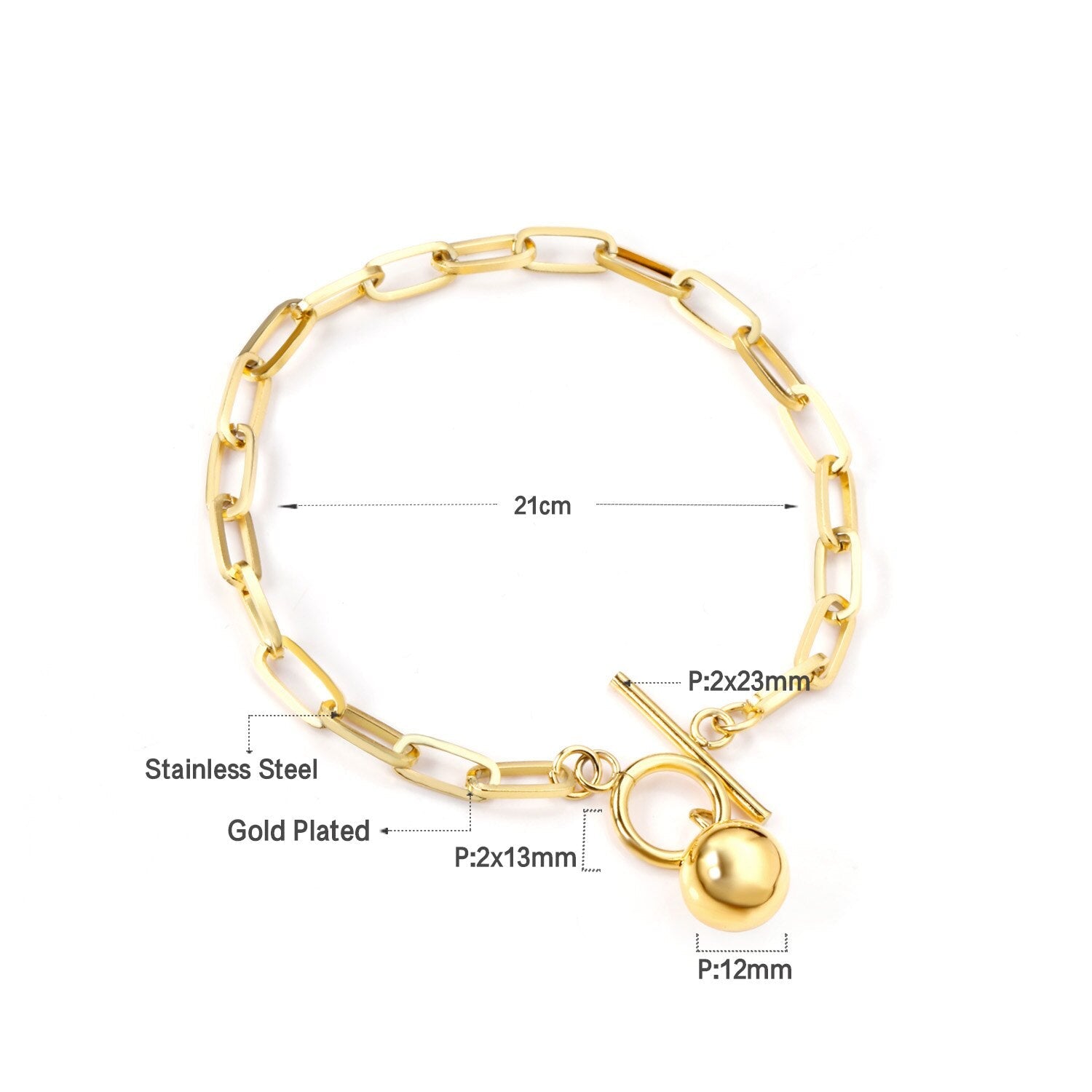 ASON Gold Color Vintage Stainless Steel Bracelet Steel Ball Pendant Toggle Clasp for Women Man Thick Bangle Fashion Jewelry asonjewelry