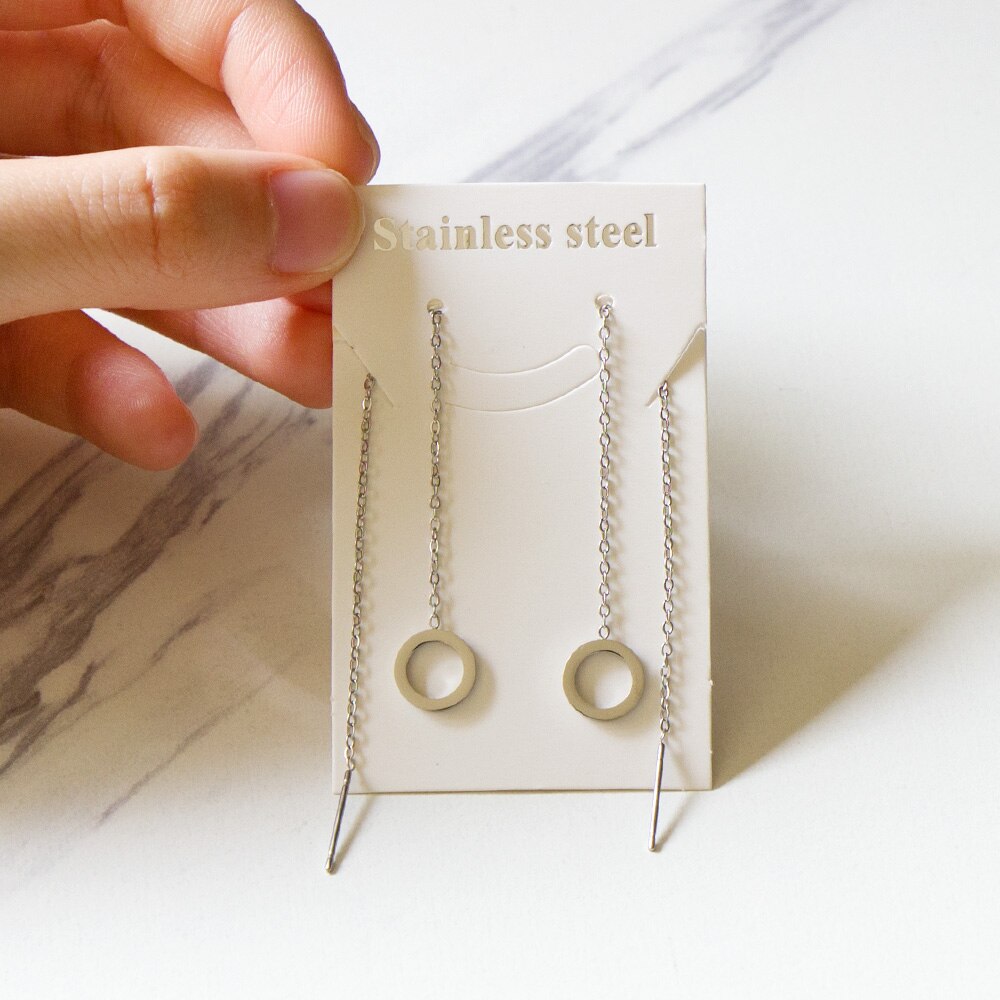 Brincos-pendientes colgantes de acero inoxidable con borlas de concha negra, joyería de hada coreana, cadena larga