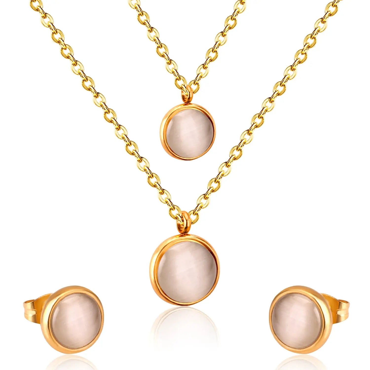 Fashion Elegant Luxury Double Chain Stainless Steel Necklaces Earrings Sets For Ladies Wedding Jewellry pendientes asonjewelry