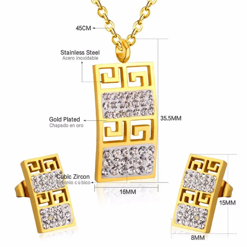 Trendy Stainless Steel Dubai Jewelry Set Geometry Pendant Necklace Earrings Crystal For Women Girls Jewelry Sets asonjewelry