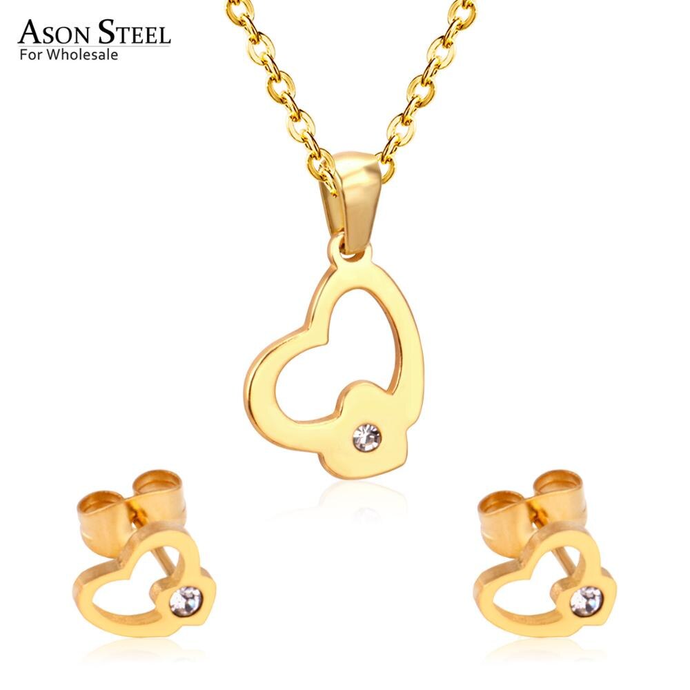 ASON Luxury Heart Pendants Necklaces Earrings Jewelry Set Gold Color Fashion Stainless Steel for Women Cubic Zirconia Cute asonjewelry