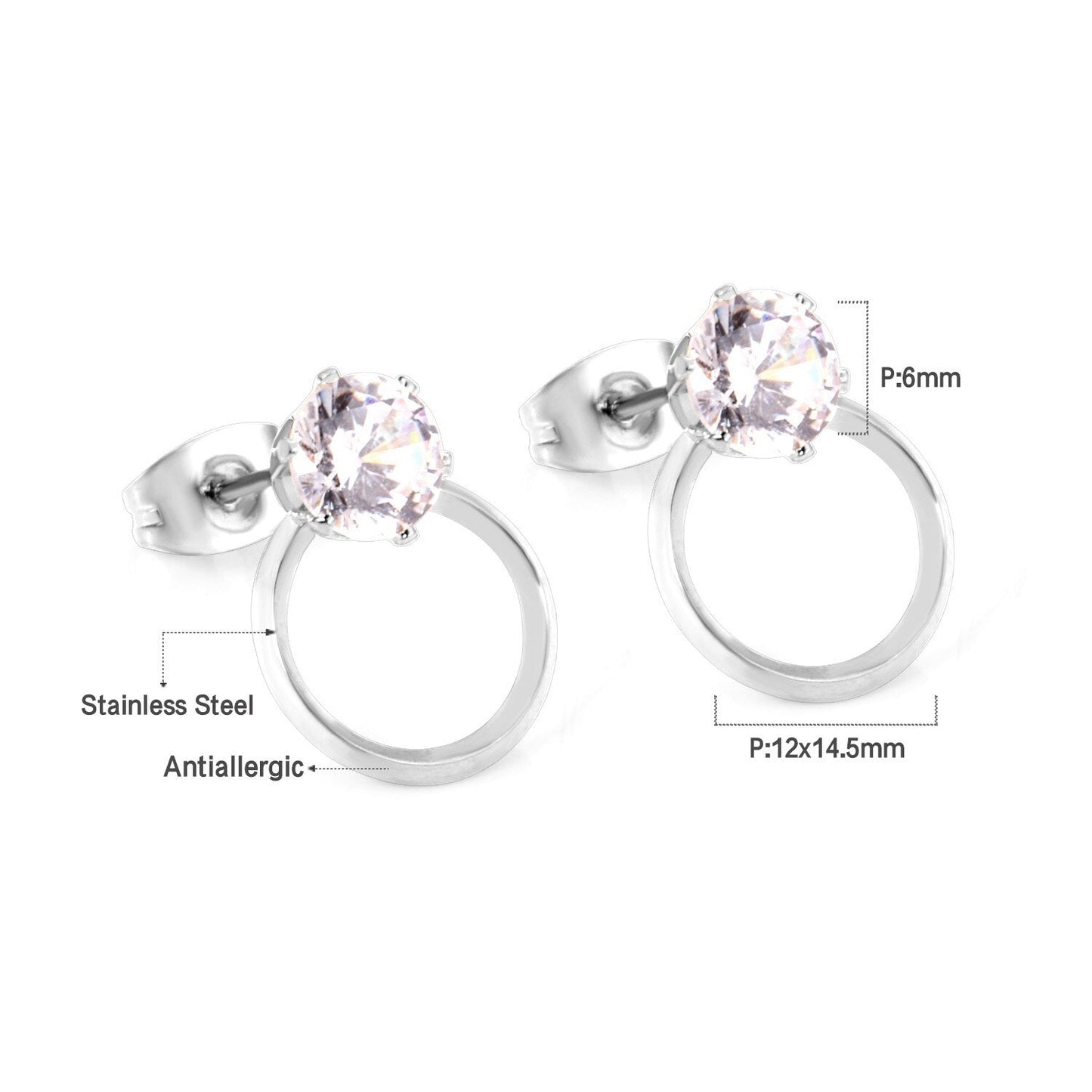 ASON Wedding Jewelry Round Cubic Zirconia Anti-allergy Stud Earring Stainless Steel Round Earrings Female Accessories Party asonjewelry