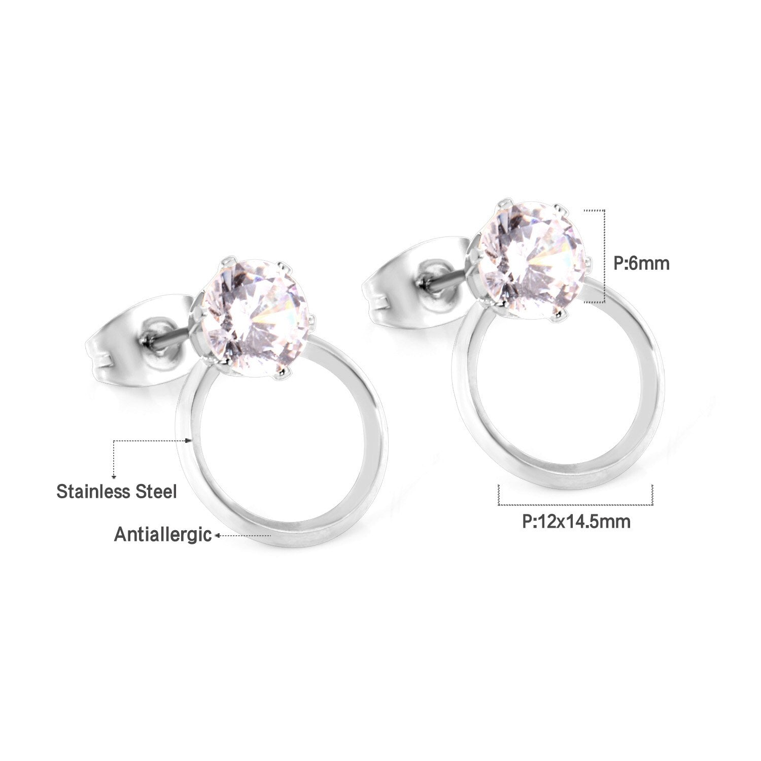 ASON Wedding Jewelry Round Cubic Zirconia Anti-allergy Stud Earring Stainless Steel Round Earrings Female Accessories Party asonjewelry