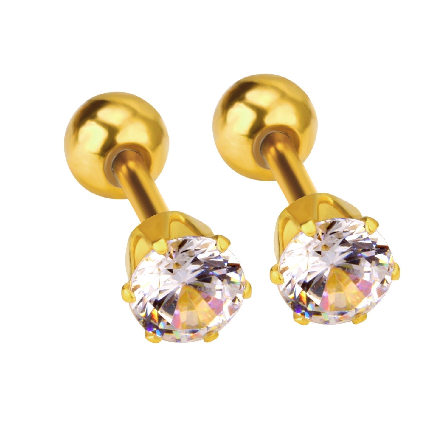 ASON Size 3mm/4mm/5mm Gold Color Cubic Zirconia Round Screw Piercing Stud Earring Stainless Steel Earring For Women Jewelry asonjewelry