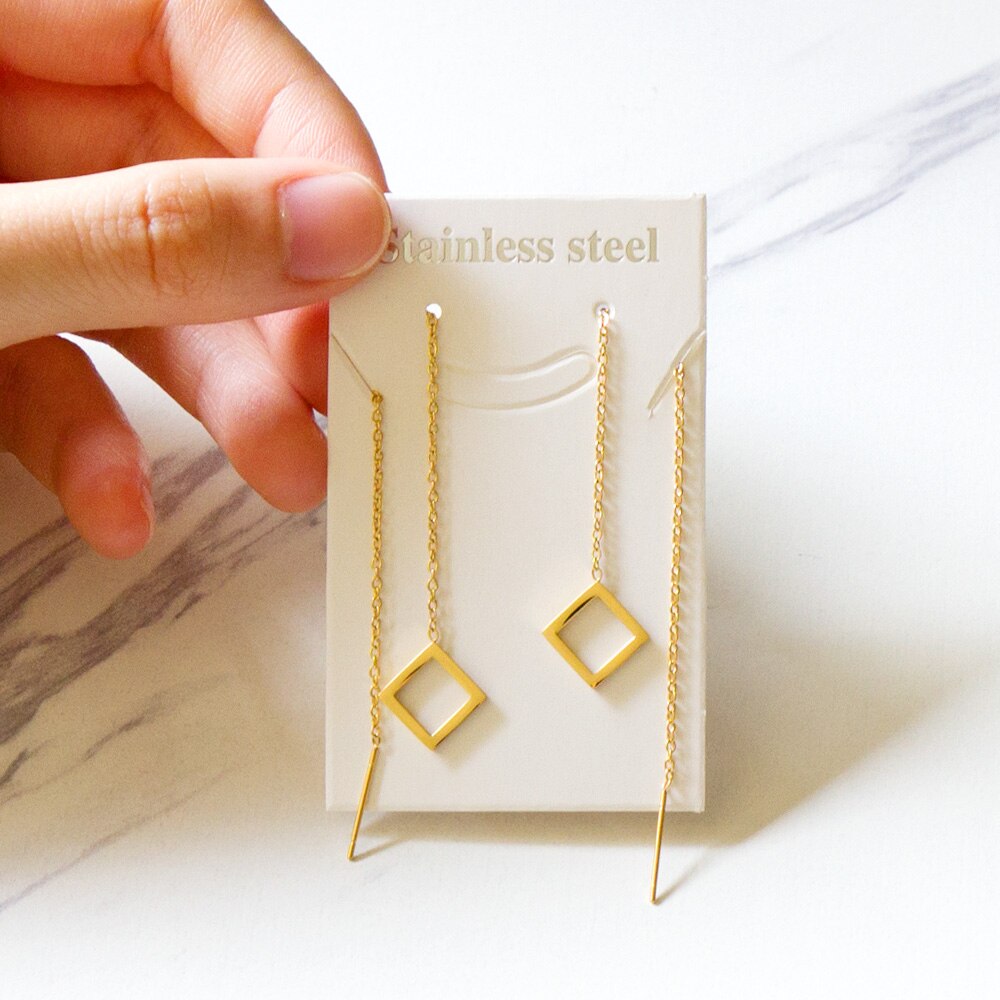 Brincos-pendientes colgantes de acero inoxidable con borlas de concha negra, joyería de hada coreana, cadena larga