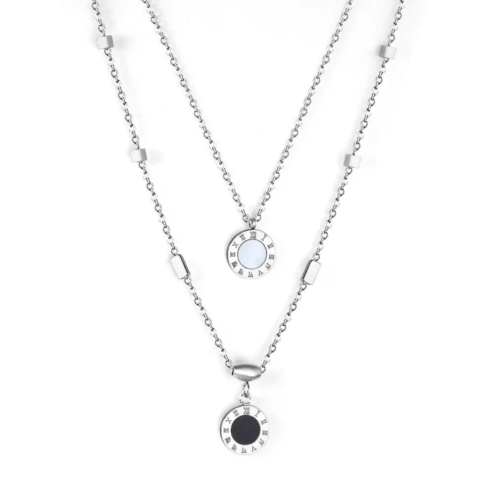 New Design Romantic Double Pendant Necklace For Women Design Roman Numerals Trendy Black And White Shell Collier asonjewelry