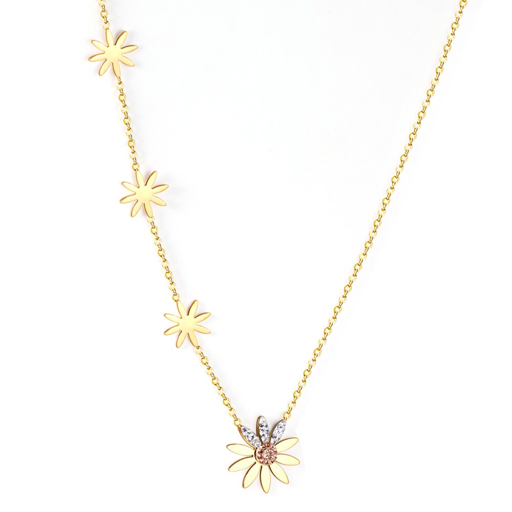 ASON Cute Flower Daisy Chain Necklace Stainless Steel Gold Color Choker with Cubic Zirconia 40cm with Extender Jewelry asonjewelry