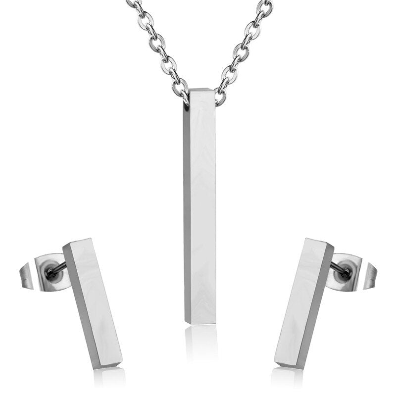 ASON Silver Color Jewelry Set Stainless Steel Vertical Bar Pendant Necklace for Women/Men Anniversary Gift Fashion Earrings asonjewelry