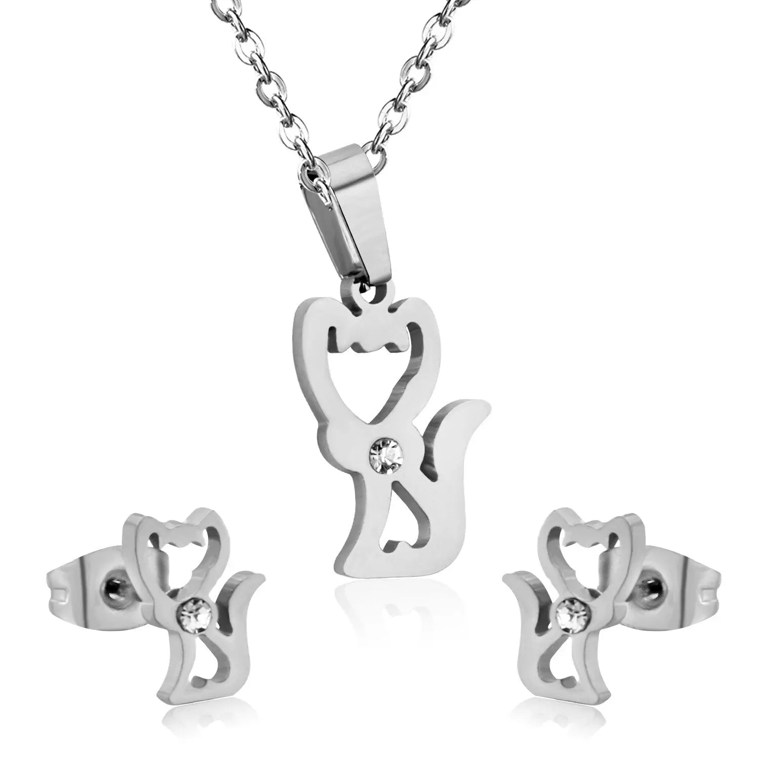 Stainless Steel Little Fox With Cubic Zirconia Necklace Earrings Set Woman Wedding Jewelry Sets Anniversary Present asonjewelry