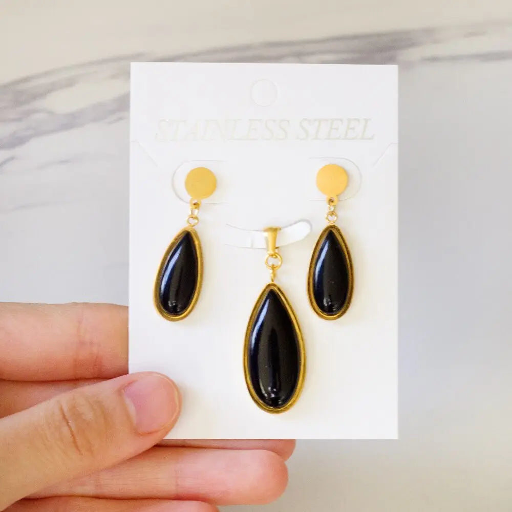 Luxury Weding Dubai Bridal Jewelry Sets Of Necklace And Earing Water Drop Stone Trendy Stainlee Steel Set For Women asonjewelry