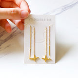 Brincos-pendientes colgantes de acero inoxidable con borlas de concha negra, joyería de hada coreana, cadena larga
