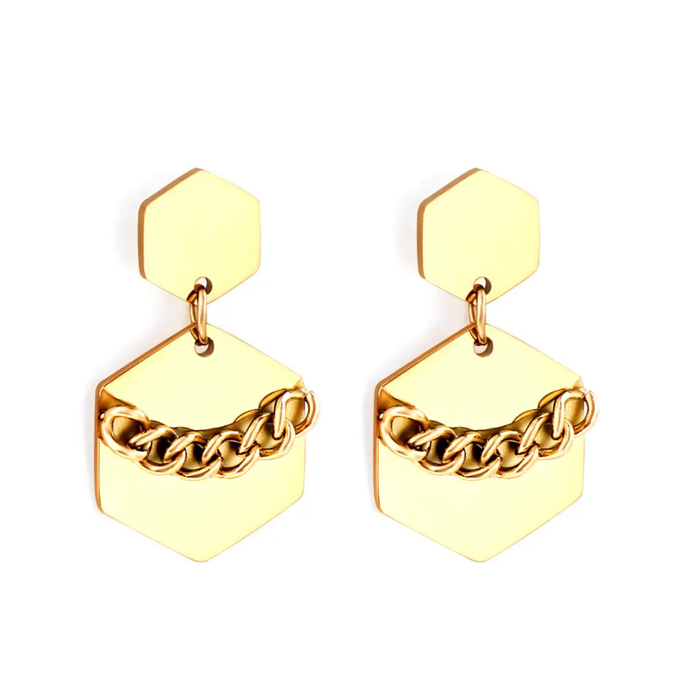 Stainless Steel Small Hexagon + Large Hexagon with Chain Stud Earrings asonjewelry