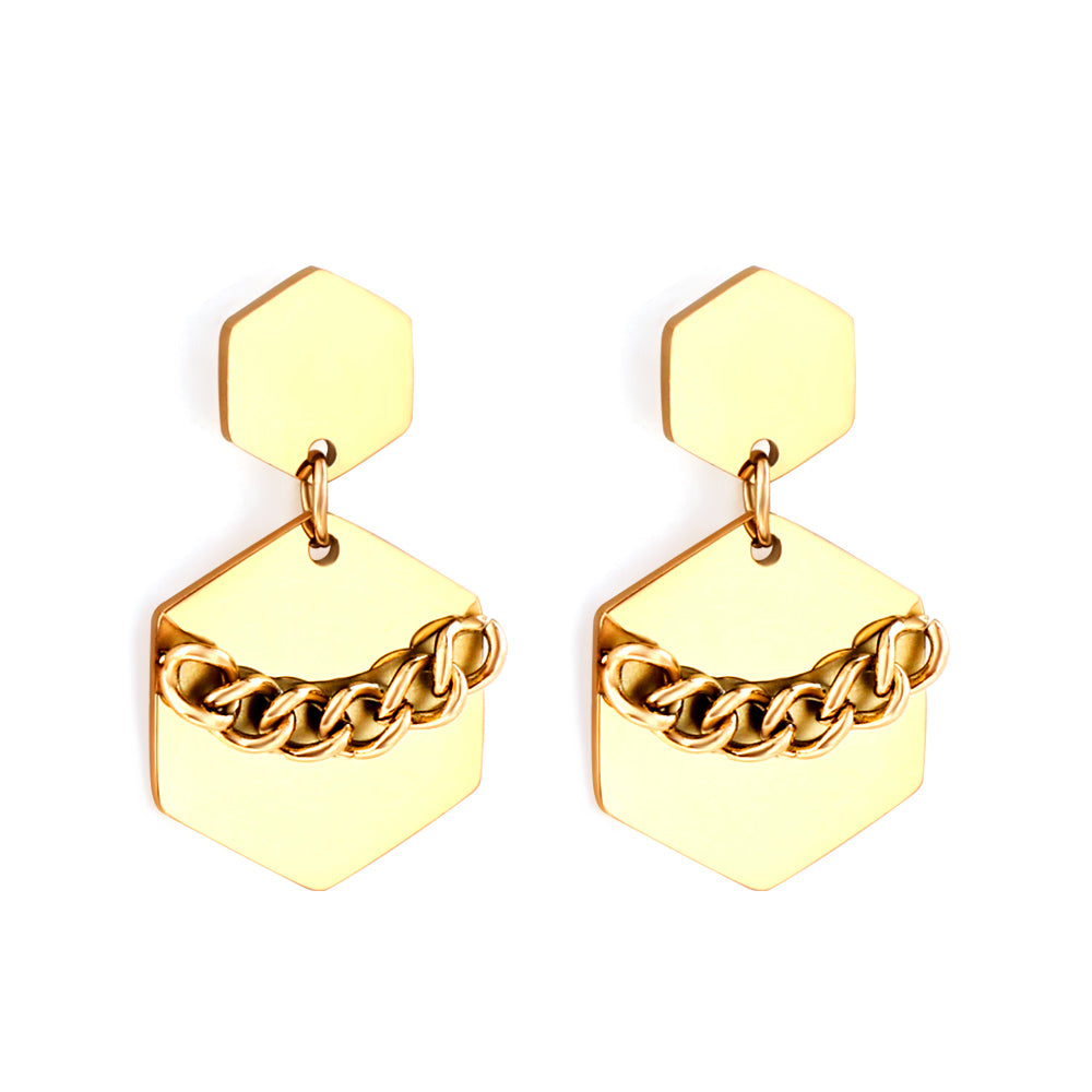 Boucles d'oreilles petit hexagone + grand hexagone en acier inoxydable avec chaîne