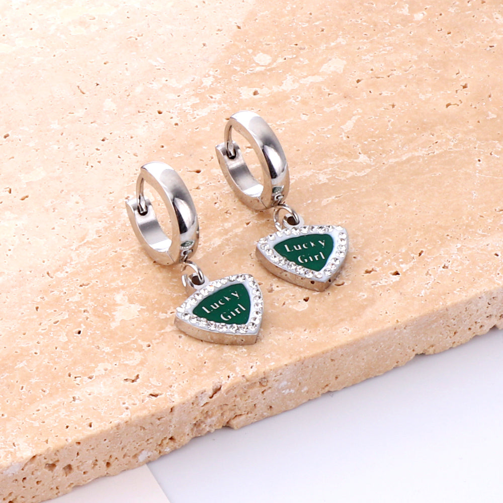 Fashion Camber Buckle Heart Shaped Green With English White Diamonds Earrings