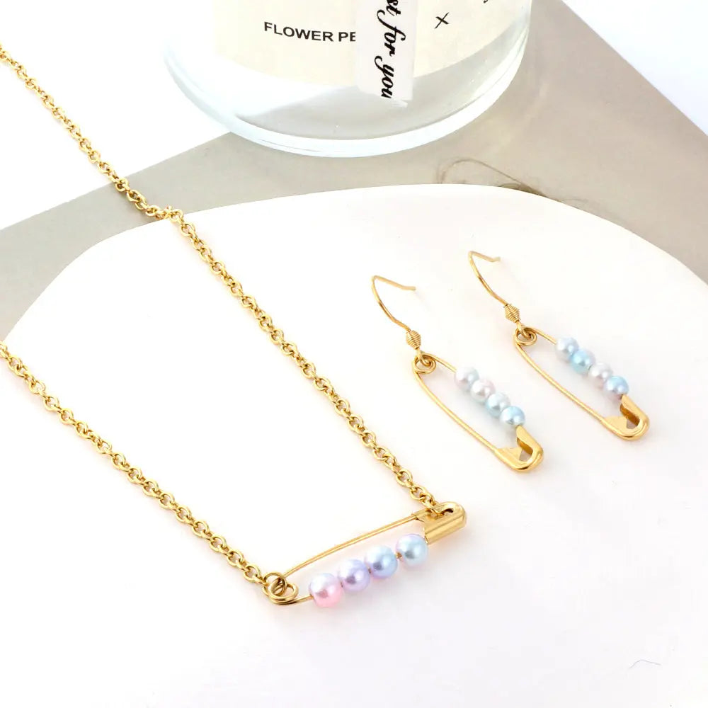 Stainless Steel 4 Colored Pearls Buckle Jewelry Set asonjewelry