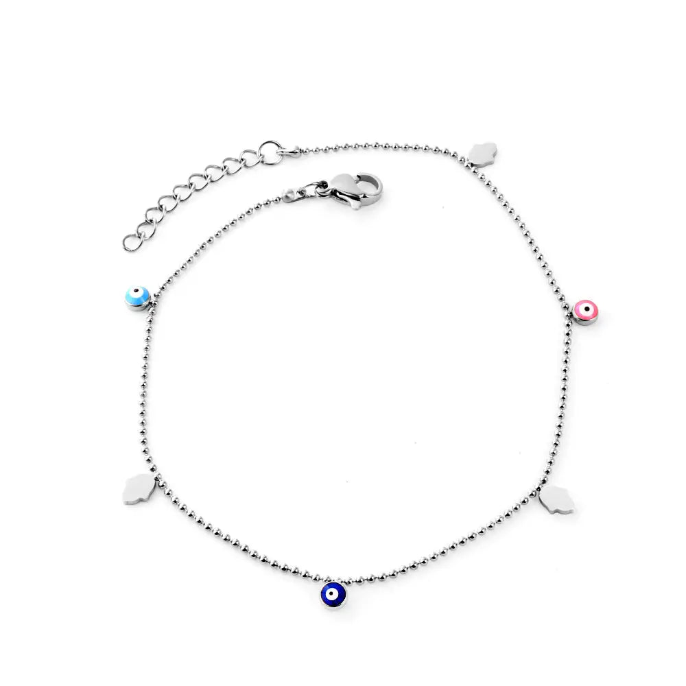 Stainless Steel 3 Palms + 3 Mixed Color Cat's Eyes Anklet asonjewelry