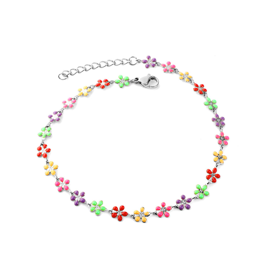 Stainless Steel 25 Mixed Color Peach Blossoms Anklet