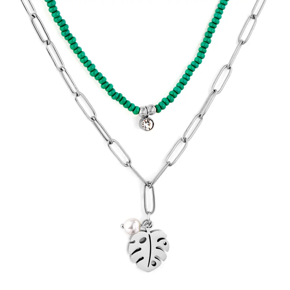 Leaf + White Pearl Accessories + Green Bead Chain With Diamond Double Chain Necklace asonjewelry