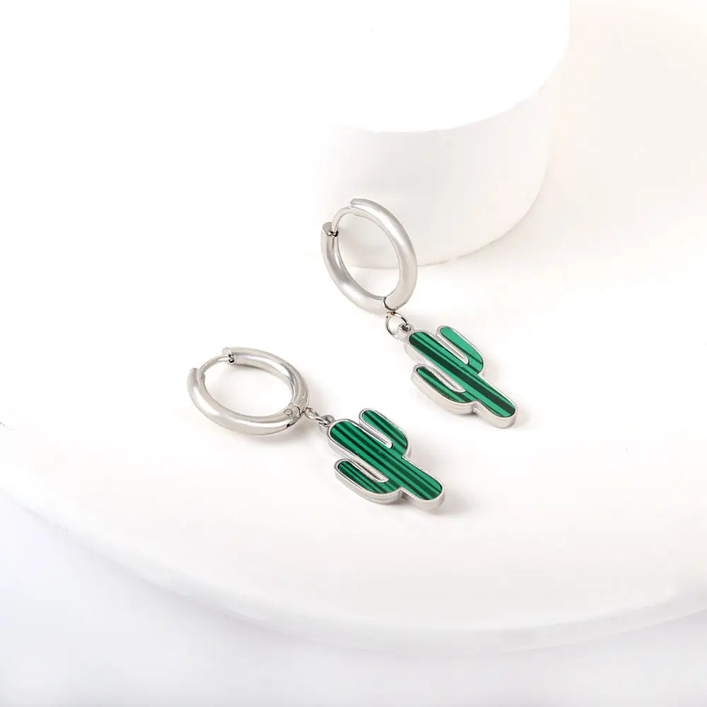 Stainless Steel 18k Gold Plated Green Cactus Earrings asonjewelry