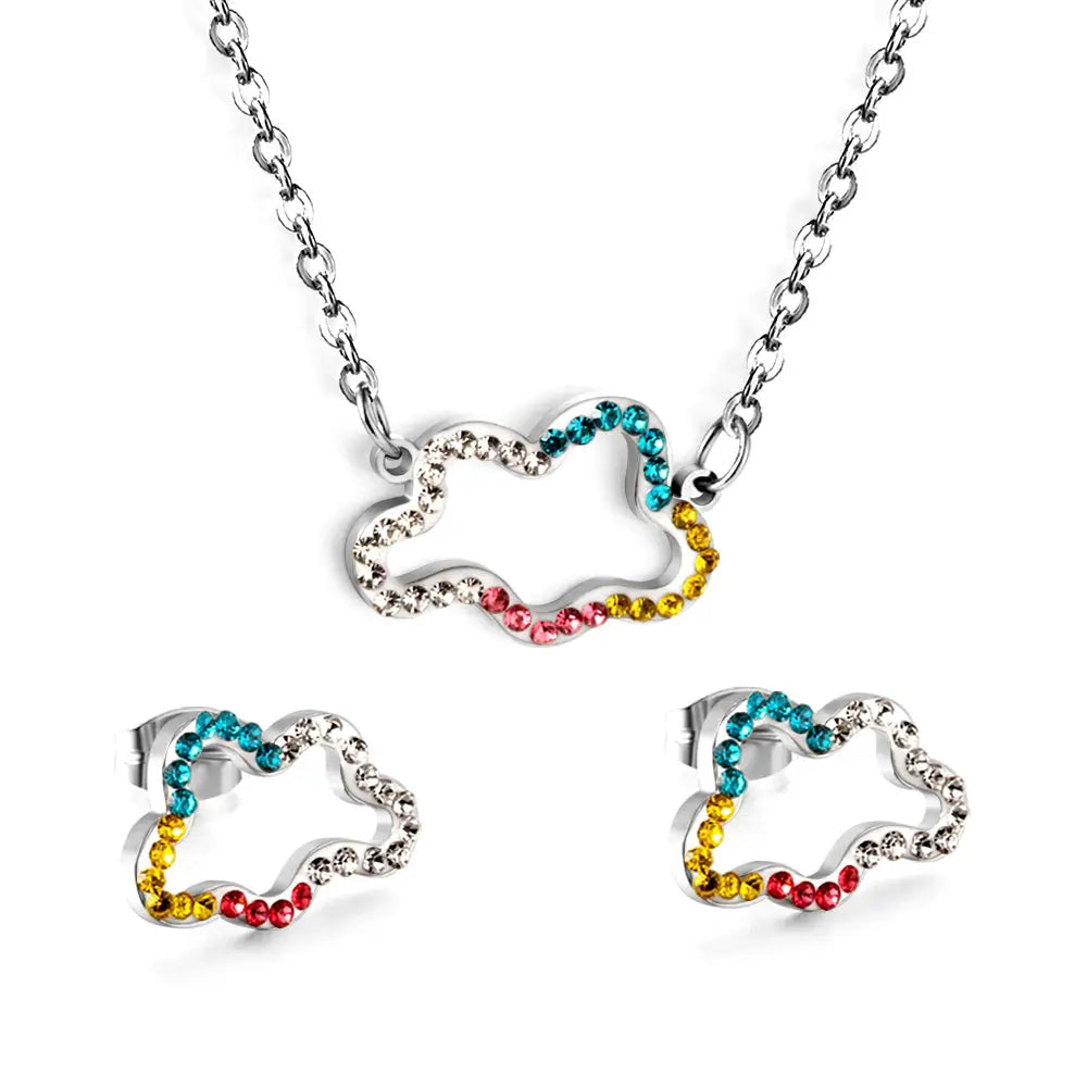 Stainless Steel Mixed Color Diamond Hollow Cloud Jewelry Set asonjewelry