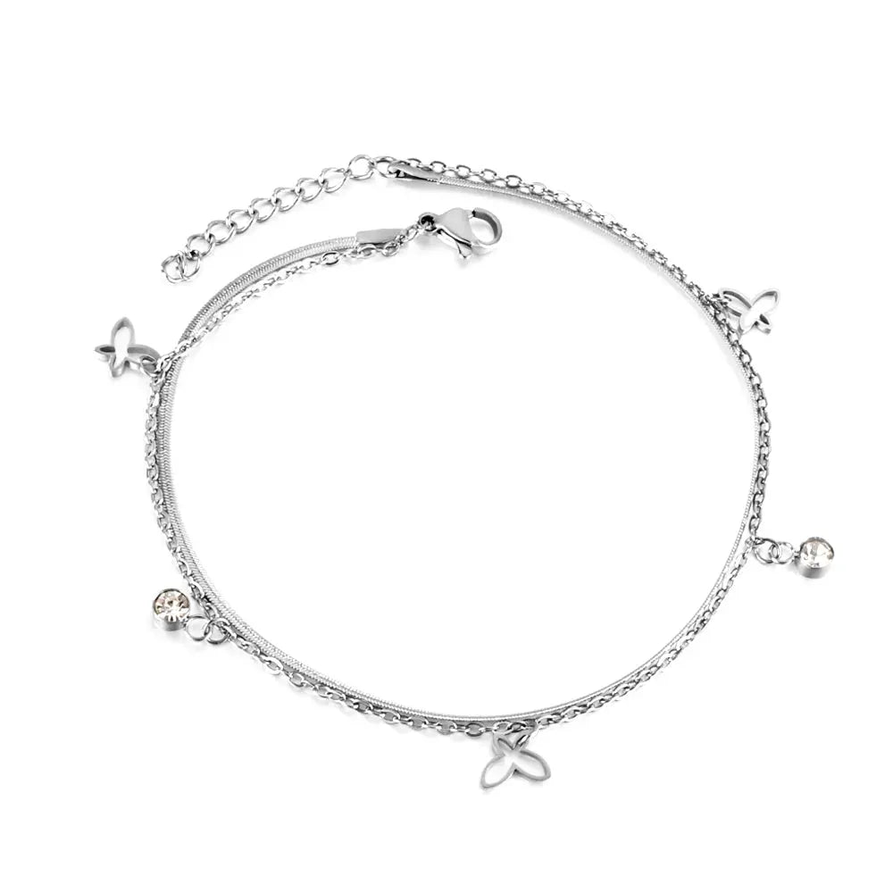 Stainless Steel 3 Hollow Butterflies + 2 White Diamond Accessories + Chain Double Anklet asonjewelry