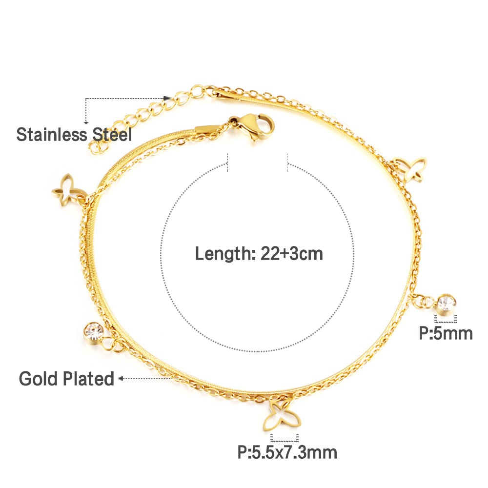 Stainless Steel 3 Hollow Butterflies + 2 White Diamond Accessories + Chain Double Anklet