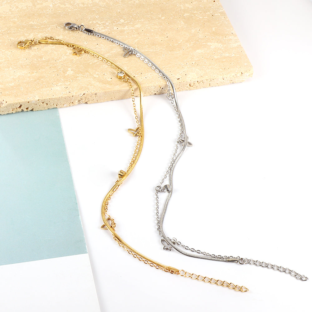 Stainless Steel 3 Hollow Butterflies + 2 White Diamond Accessories + Chain Double Anklet