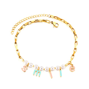 Stainless Steel SMILE Mixed Color Letter Accessories + 8 White Pearls Anklet