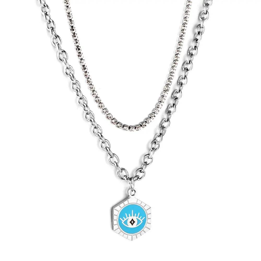 Stainless Steel Hexagon With Blue Drop Oil Eye Accessories + White Diamond With Chain Double Chain Necklace asonjewelry