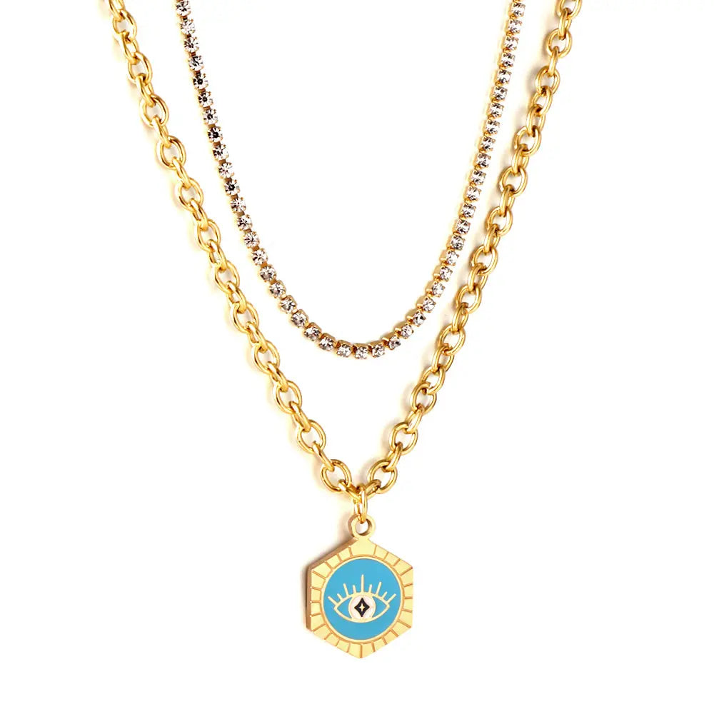 Stainless Steel Hexagon With Blue Drop Oil Eye Accessories + White Diamond With Chain Double Chain Necklace asonjewelry