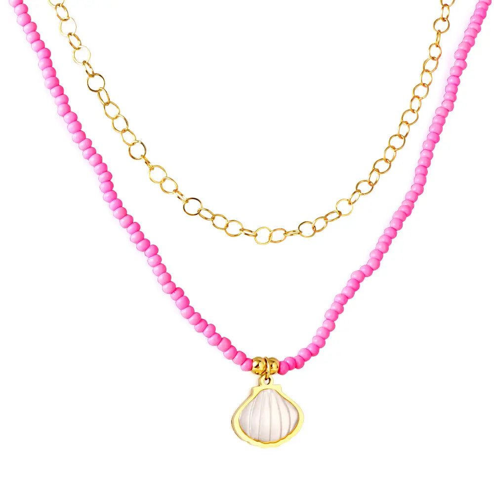 Stainless Steel Shell Accessories + Pink Beads Double Chain Necklace asonjewelry