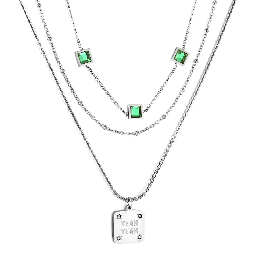 Stainless Steel Square Letter Accessories + Chain + 3 Square Green Diamond Three Chains Necklace asonjewelry