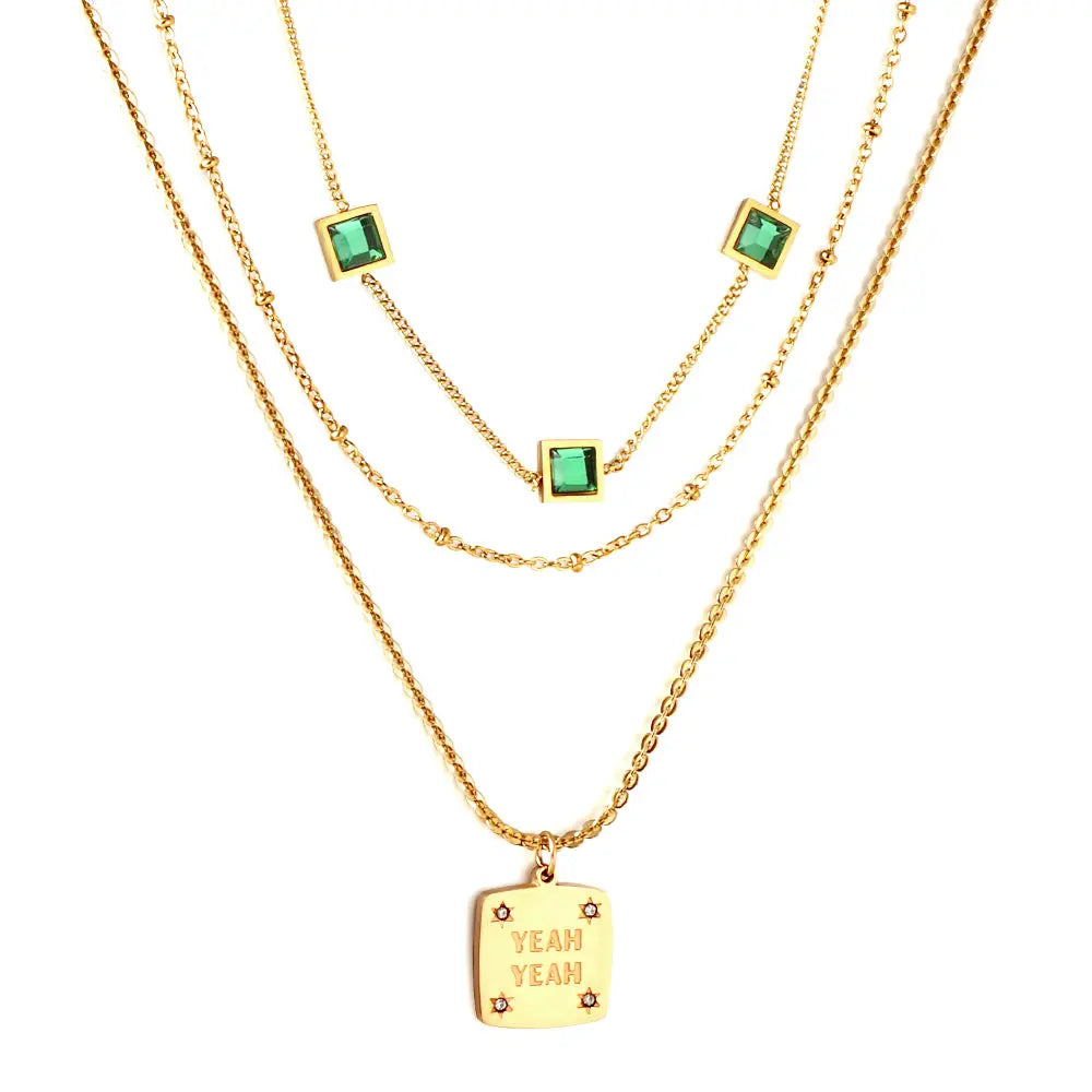 Stainless Steel Square Letter Accessories + Chain + 3 Square Green Diamond Three Chains Necklace asonjewelry