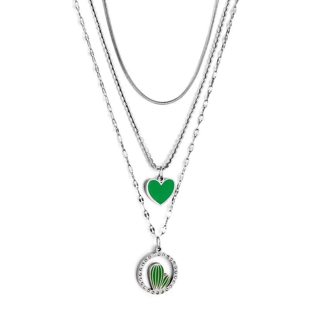 Stainless Steel Green Heart-shaped Accessories + Circle With Diamonds + Green Cactus Three Chain Necklace asonjewelry
