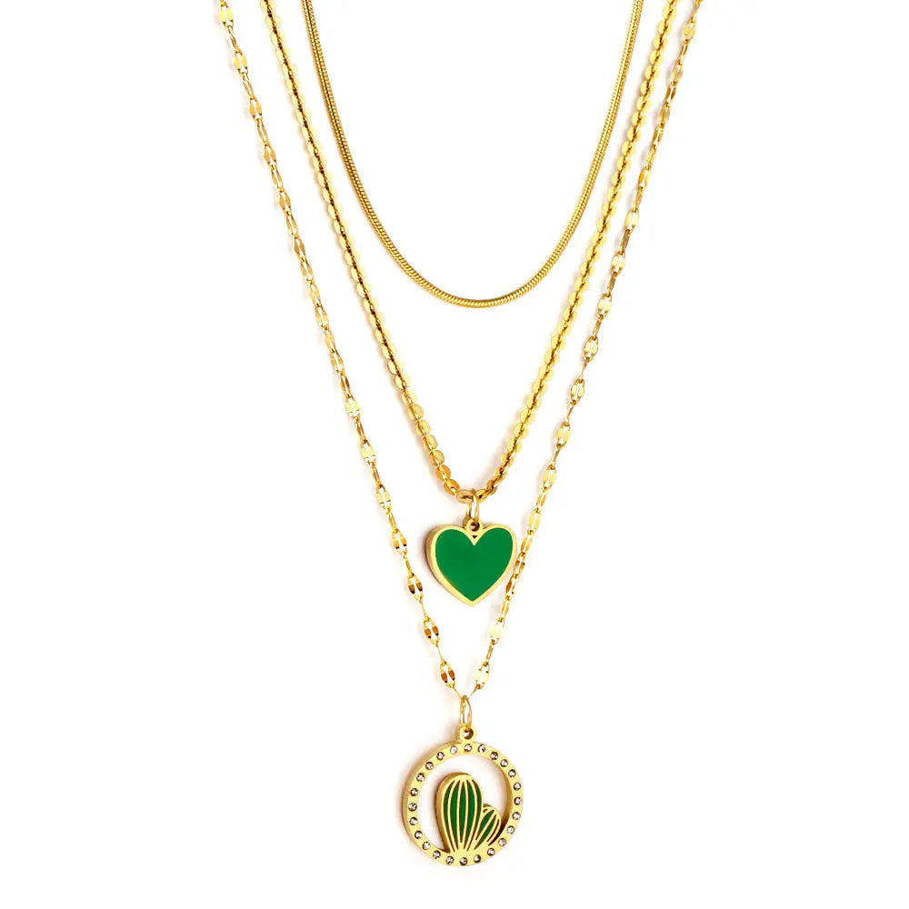 Stainless Steel Green Heart-shaped Accessories + Circle With Diamonds + Green Cactus Three Chain Necklace asonjewelry