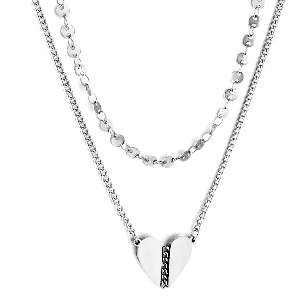 Stainless Steel Heart-shaped Accessory + Chain Double Chain Necklace asonjewelry