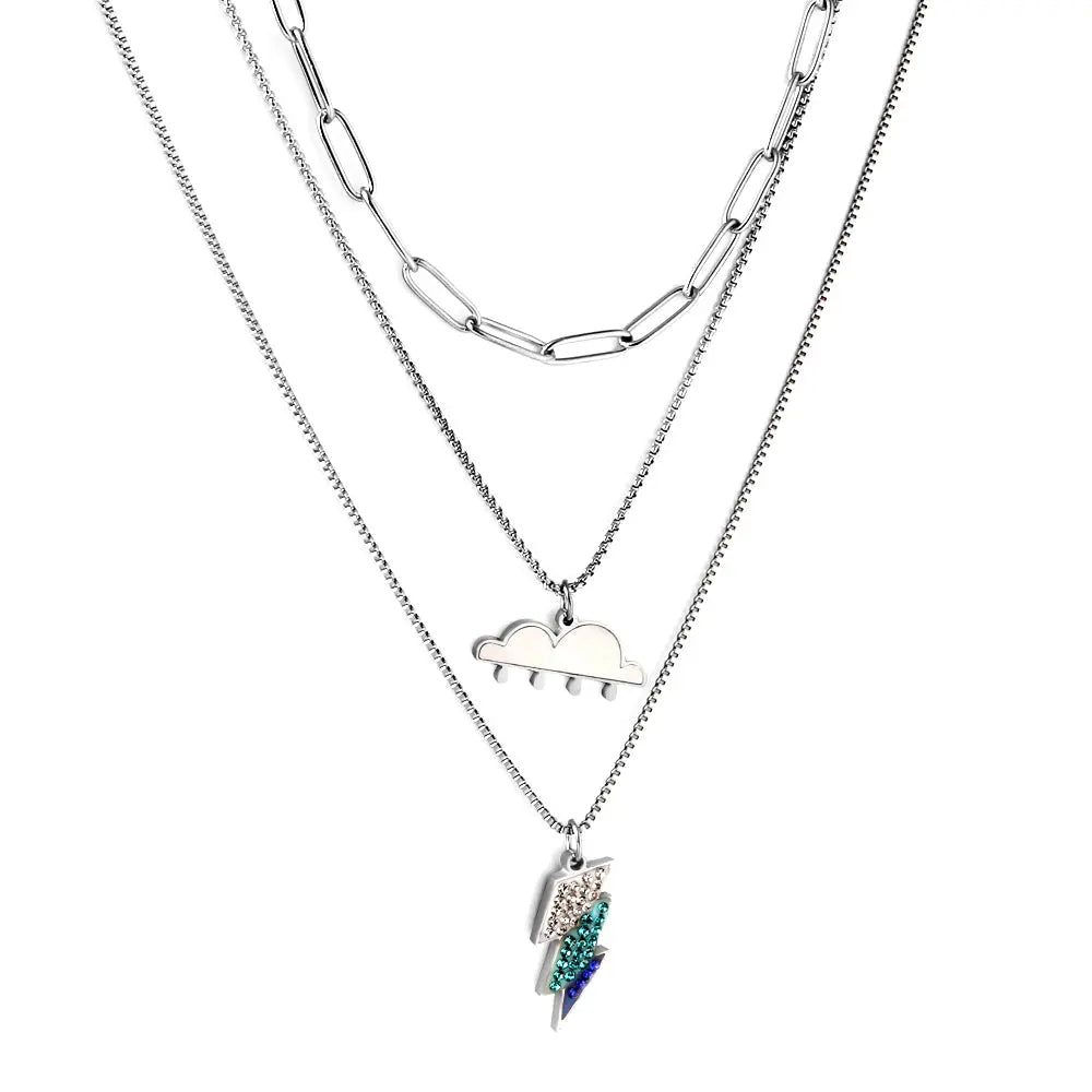 Stainless Steel Mixed Color Lightning + Cloud with Rain Accessories + Chain Three Chain Necklace asonjewelry